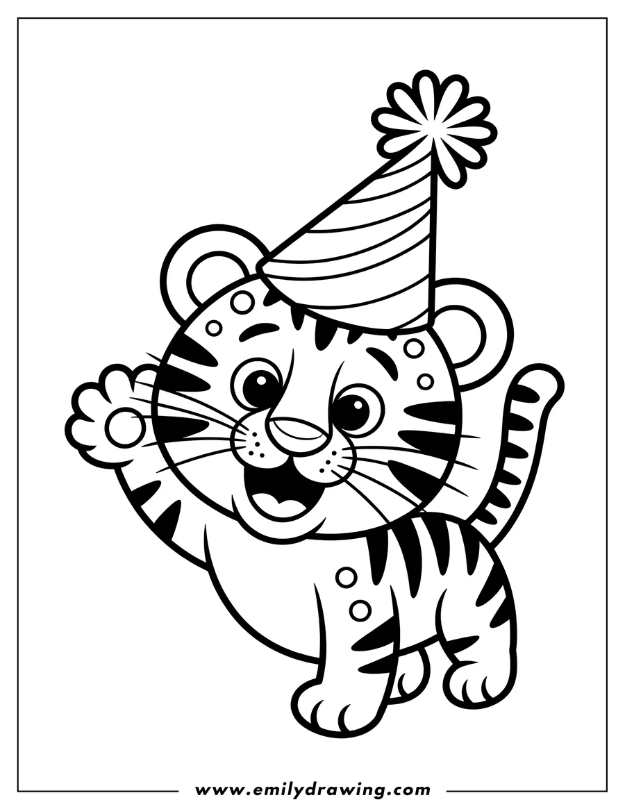 Line art of a cheerful tiger cub wearing a striped party hat.