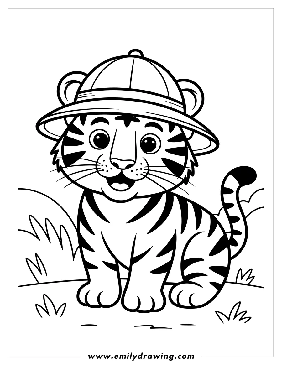 Outline of a baby tiger wearing a pith helmet, ready for a jungle adventure.