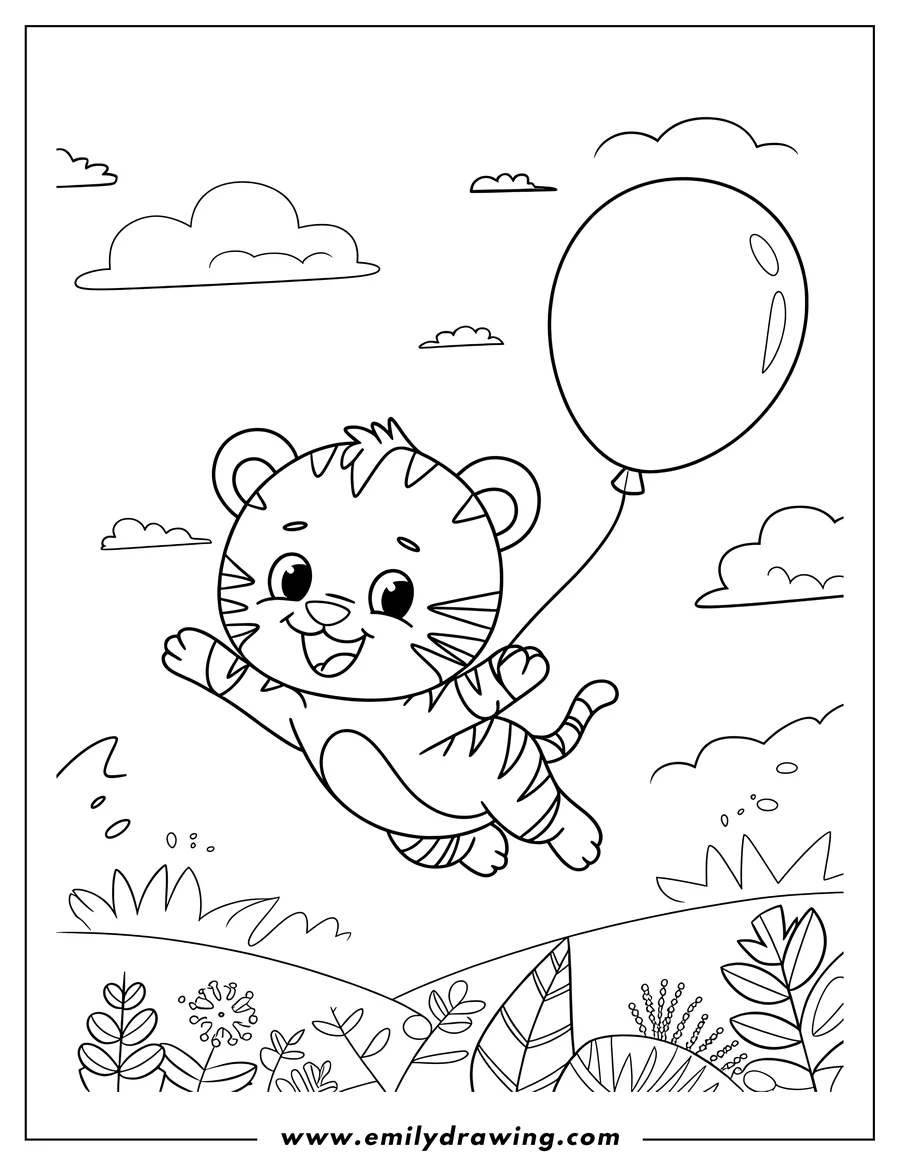 Outline of a playful tiger cub holding a balloon and floating above a field of grass and stylized plants.