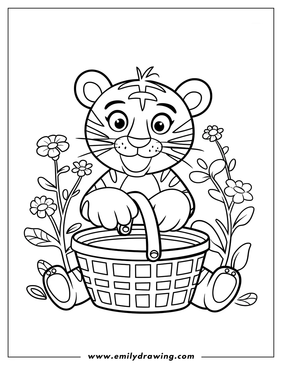 Outline of a baby tiger sitting with a basket, surrounded by simple flowers.