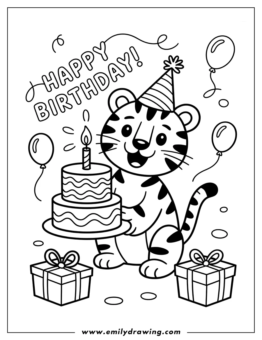 Line art of a tiger holding a birthday cake with a single lit candle. The tiger is wearing a party hat and surrounded by presents and balloons. Happy Birthday text decorates the scene.