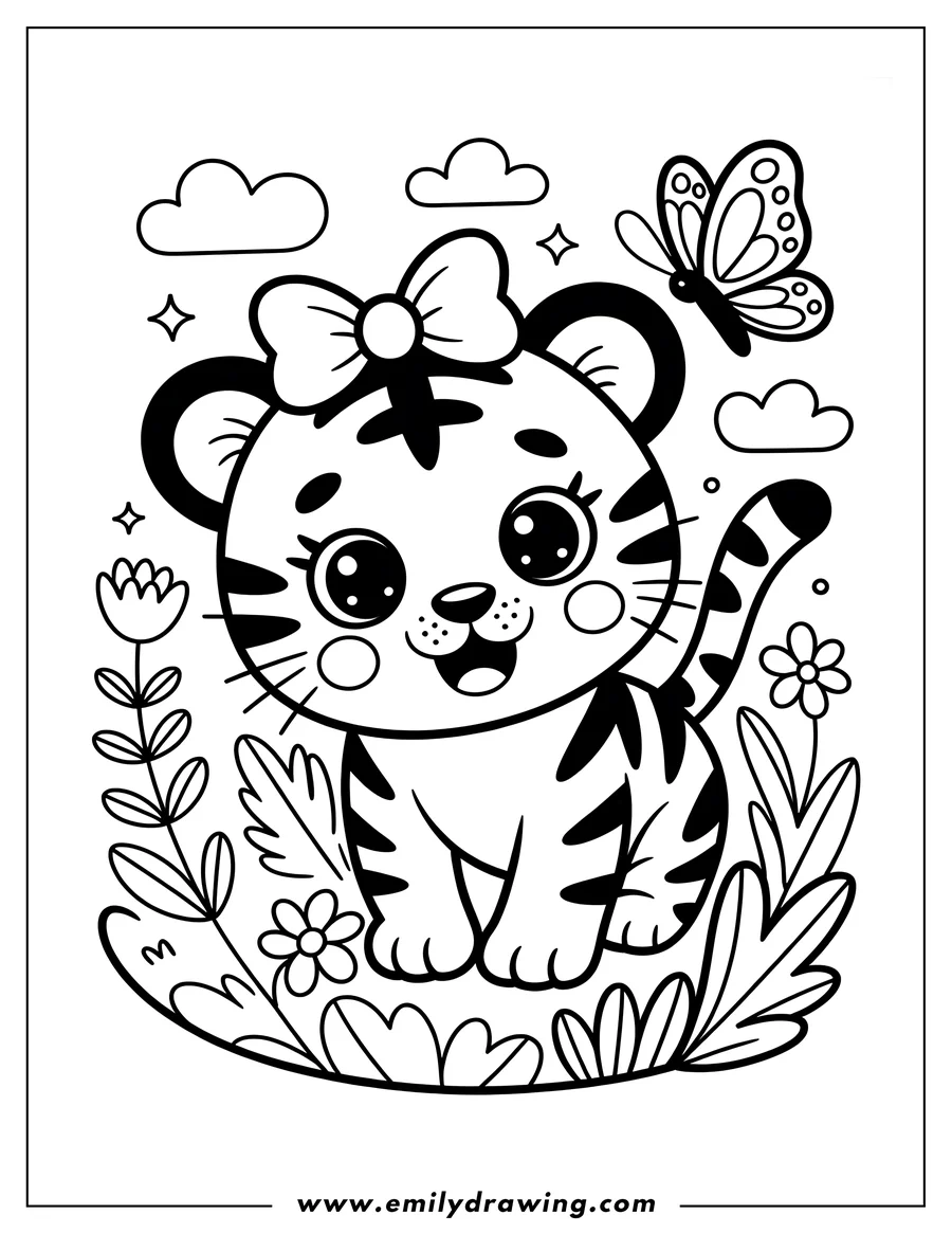 Outline of a baby tiger wearing a bow, standing in a field of flowers with a butterfly nearby.