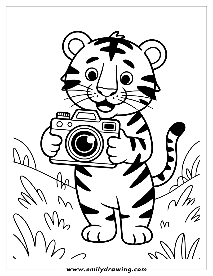 Line art of a tiger holding a camera, ready to take a picture.