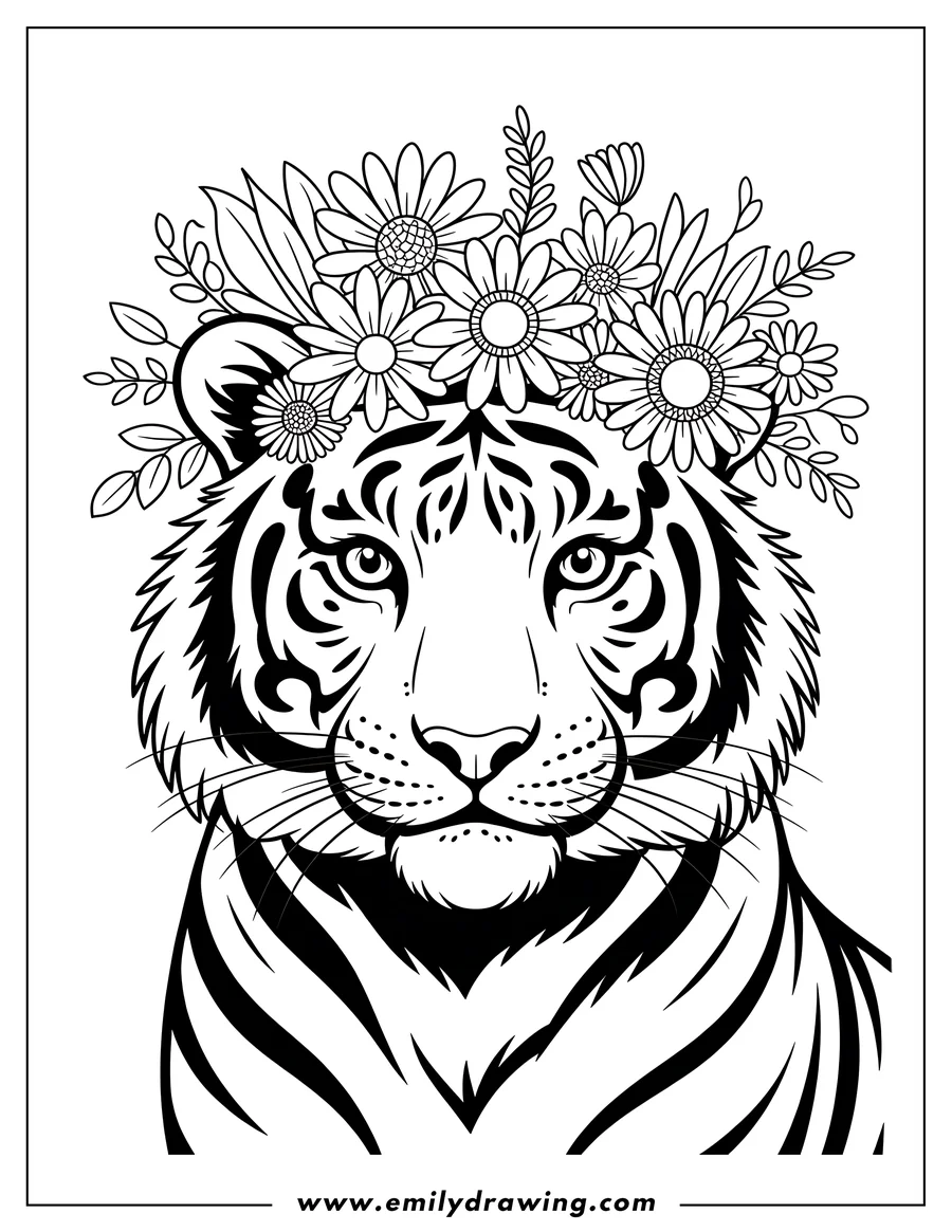 Line art of a tiger wearing a crown of flowers. The tiger's face is the central focus, with detailed stripes and a calm expression.