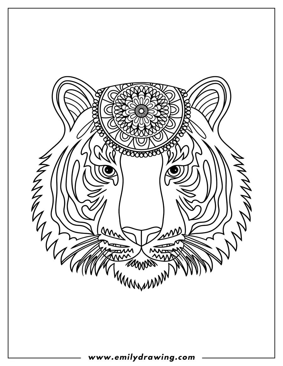 Line art of a tiger's head with a mandala pattern on its forehead.