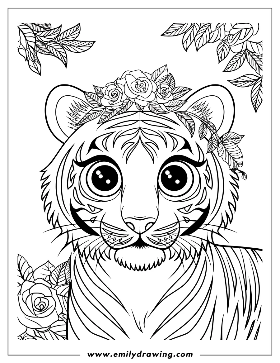 Outline of a tiger wearing a crown of roses. Leaves and additional rose blossoms frame the tiger's face.