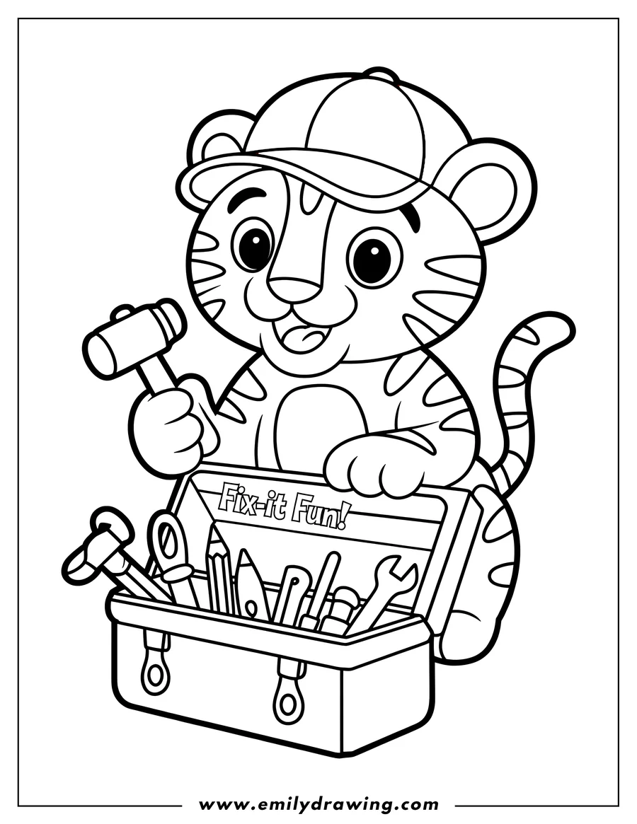 Line art of a tiger cub wearing a baseball cap and holding a hammer, with a toolbox full of tools at its feet.