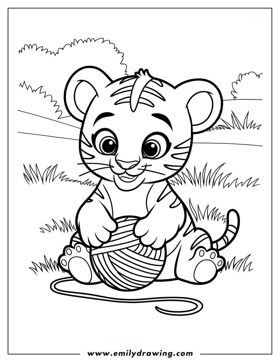 Outline of a playful tiger cub sitting in the grass, batting at a ball of yarn.