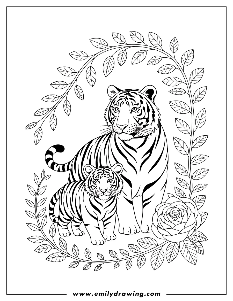 Line art of a mother tiger and her cub standing near a rose, surrounded by a leafy border.