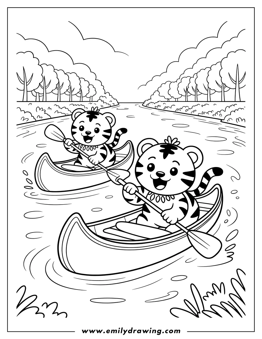 Two tigers paddling canoes on a river. They're wearing necklaces and look cheerful.  Trees line the riverbanks.