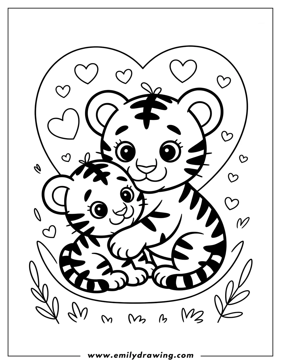 Outline of two tiger cubs hugging inside a large heart shape decorated with smaller hearts.