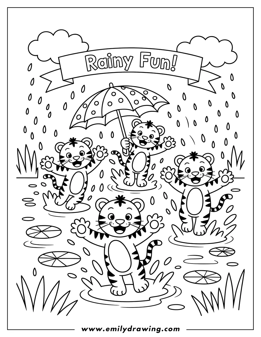 Three playful tiger cubs jumping in puddles during rainfall. One tiger holds an umbrella.