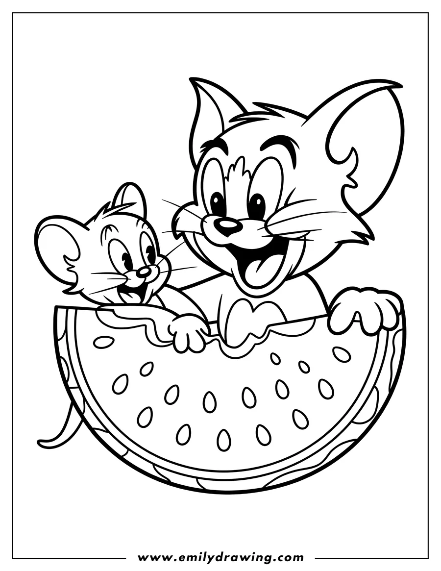 Line art of Tom and Jerry with a slice of watermelon. Both characters are looking at the viewer and smiling. The watermelon slice is positioned between them.