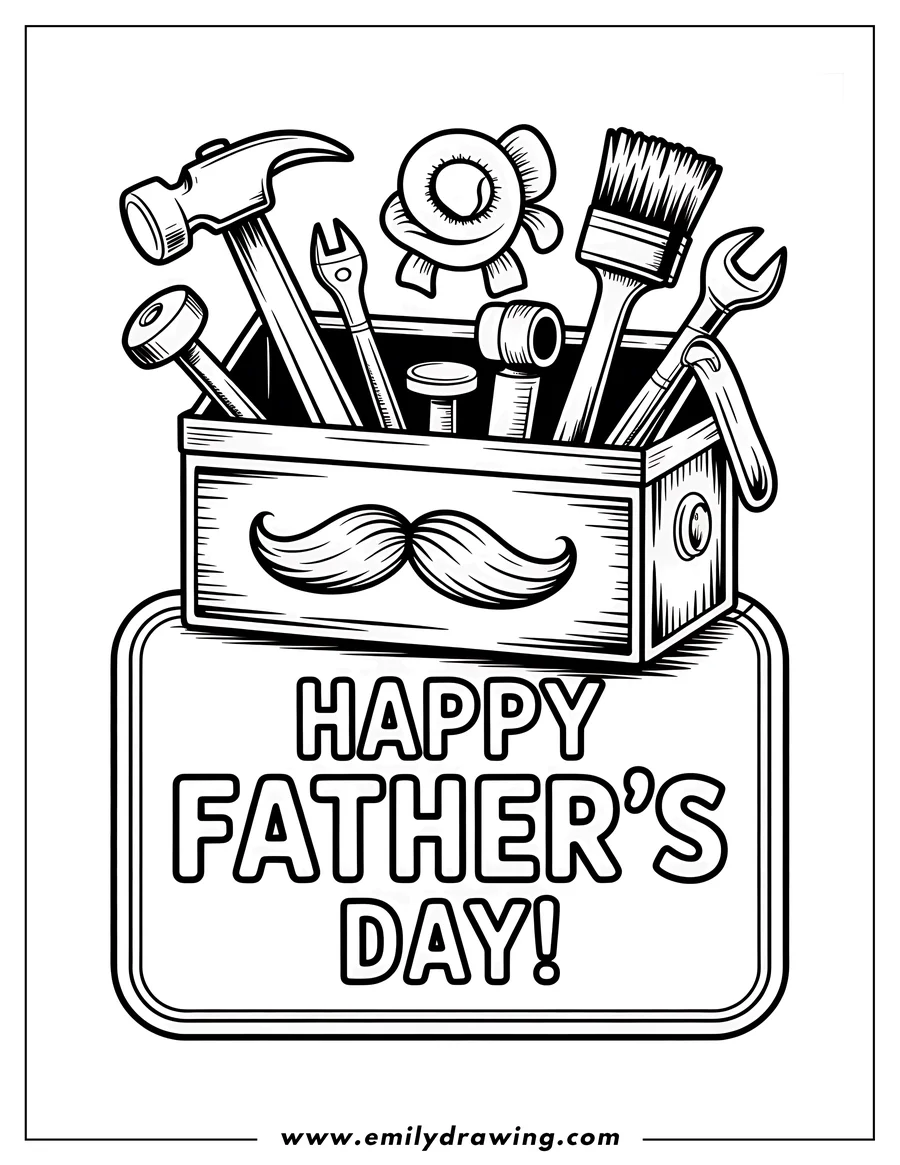 Outline of a toolbox filled with tools like a hammer, wrench, and paintbrush. A mustache and