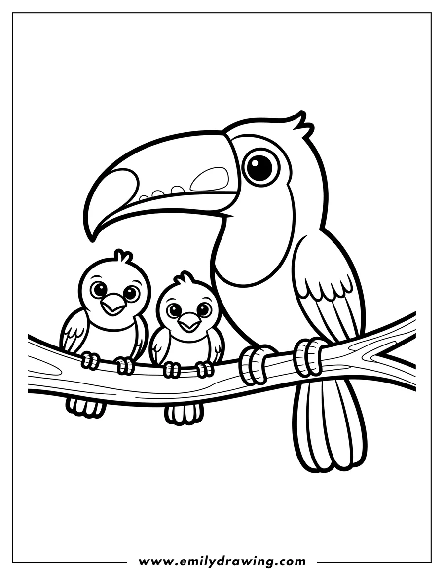 Outline of a toucan and two baby birds perched on a tree branch.