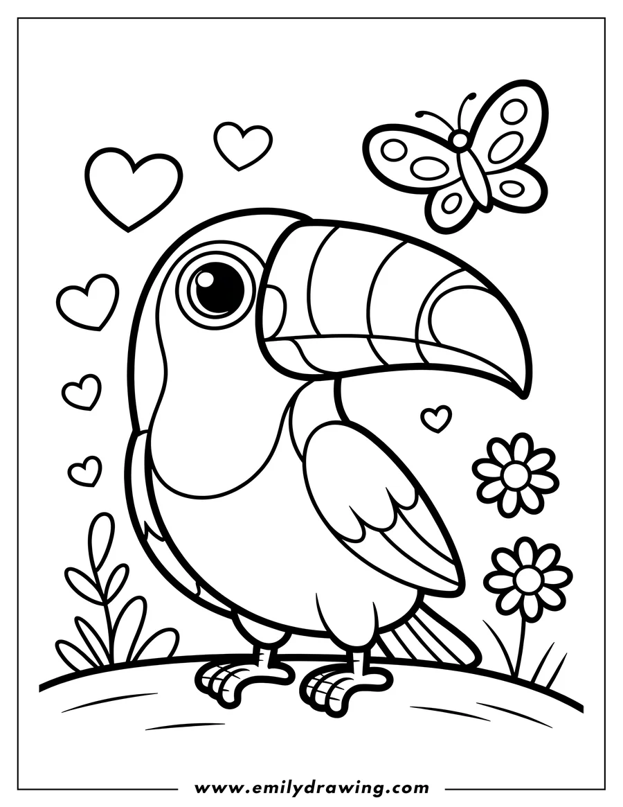 Outline of a toucan with a large beak, a butterfly, hearts, and flowers.