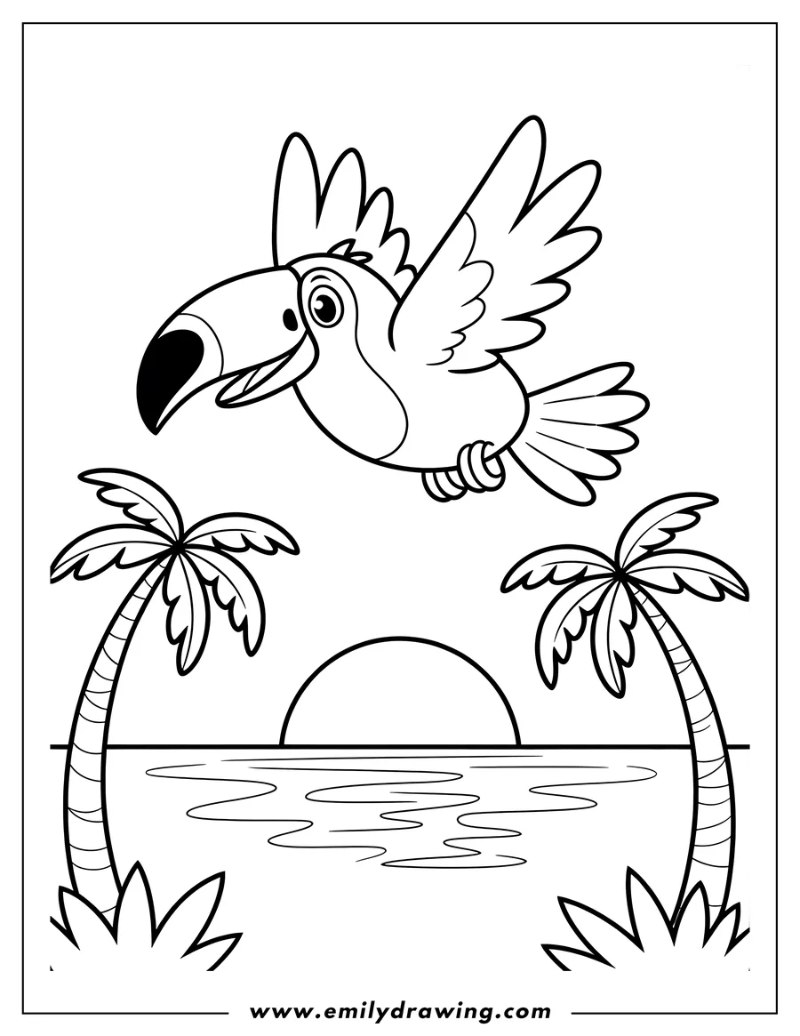 Line art of a toucan flying over tranquil water near two palm trees at sunset.