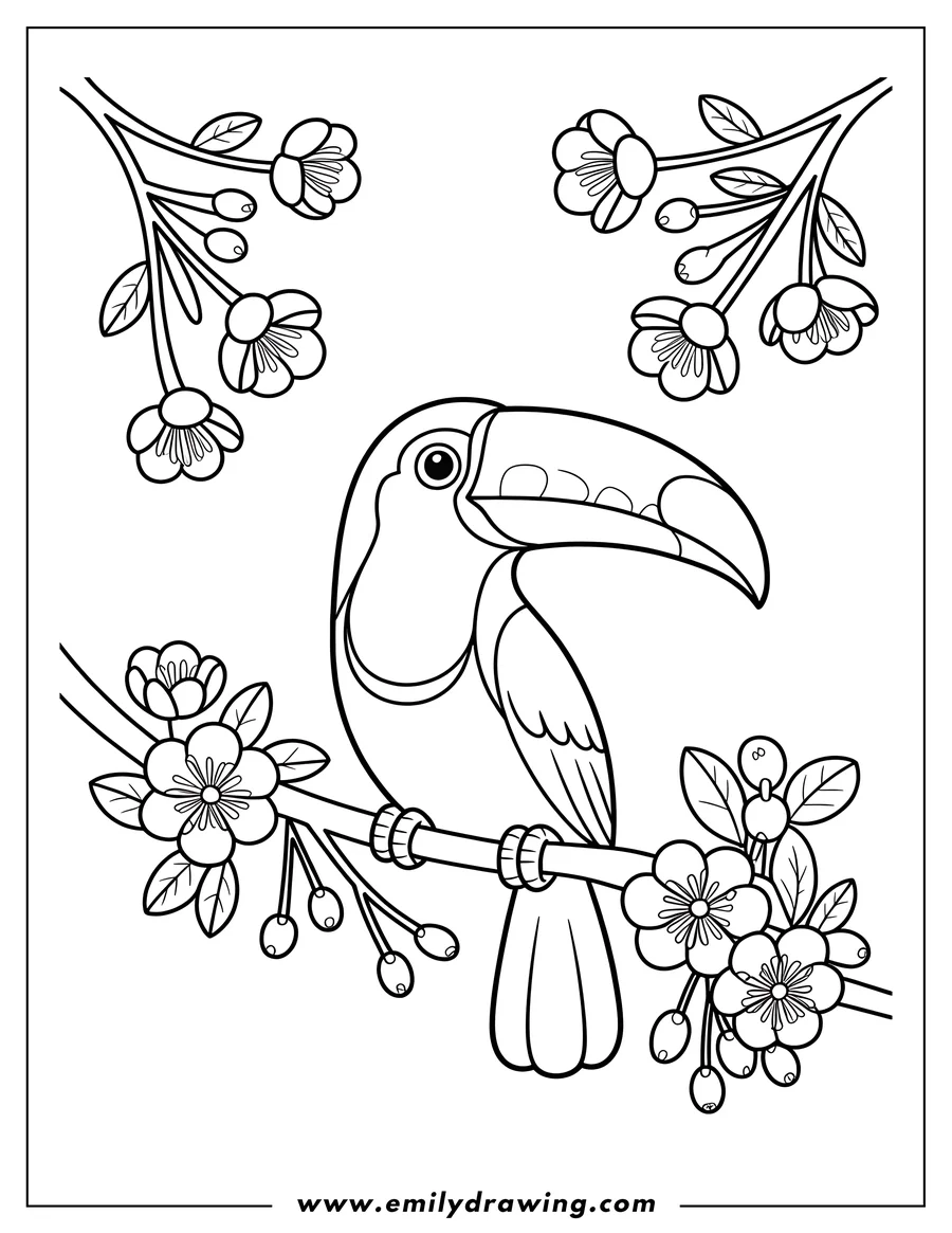 Line art of a toucan perched on a branch surrounded by flowers.