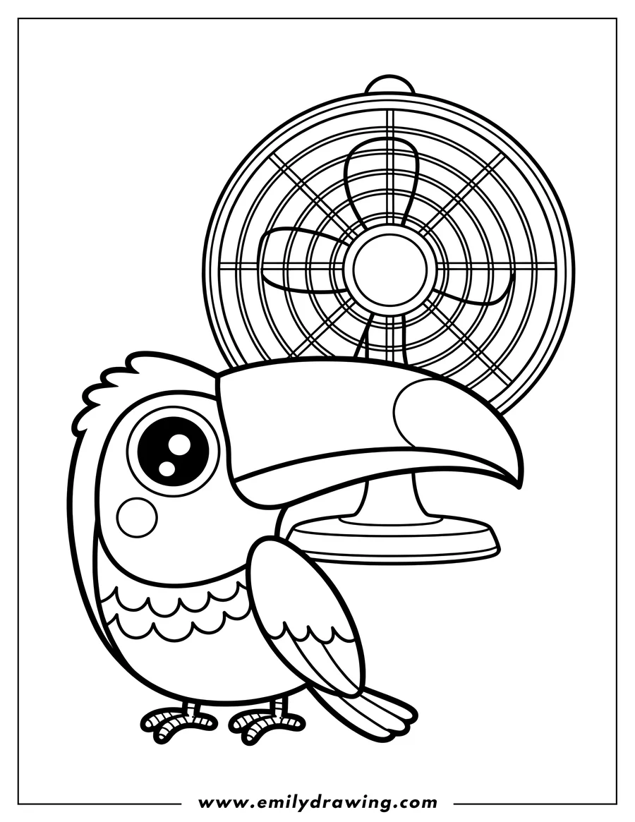 Line art of a toucan standing next to a fan.
