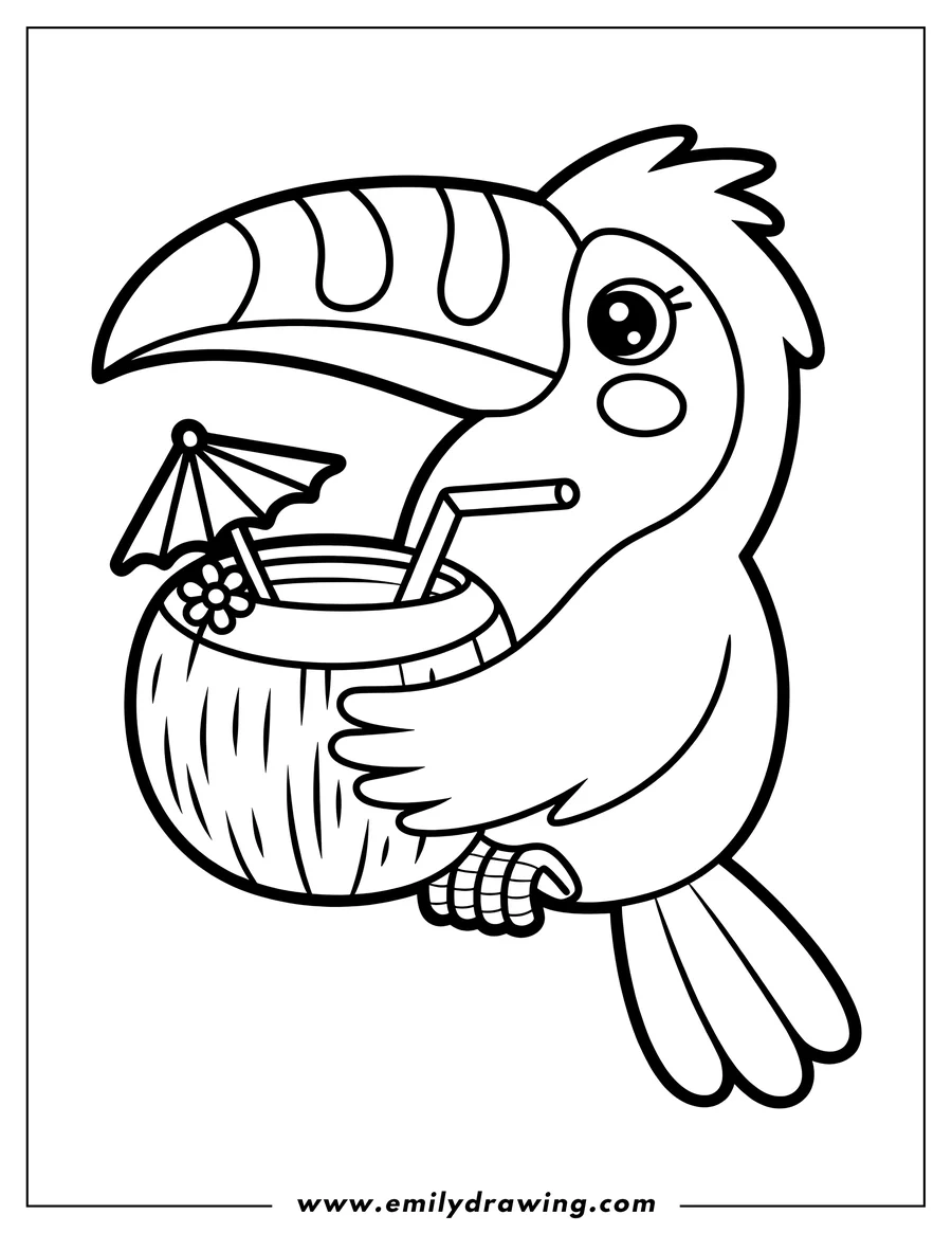 Line art of a toucan holding a coconut drink with a small umbrella and flower garnish.