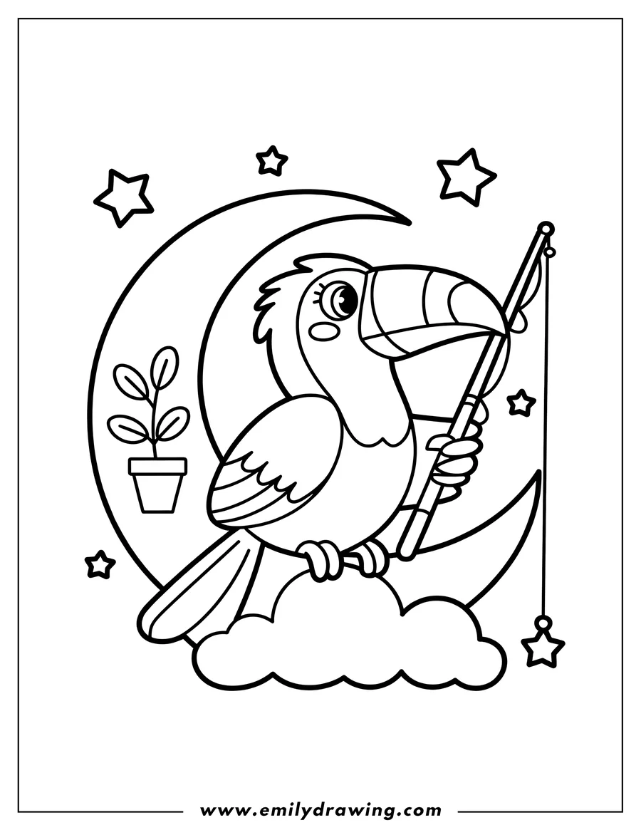 Outline of a toucan sitting on a cloud, fishing from the crescent moon with a potted plant nearby and stars in the background.