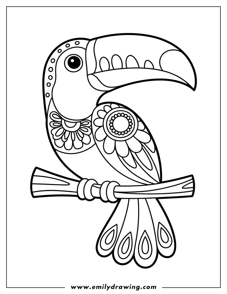 Line art of a toucan with a large beak and floral patterns on its body, perched on a branch.