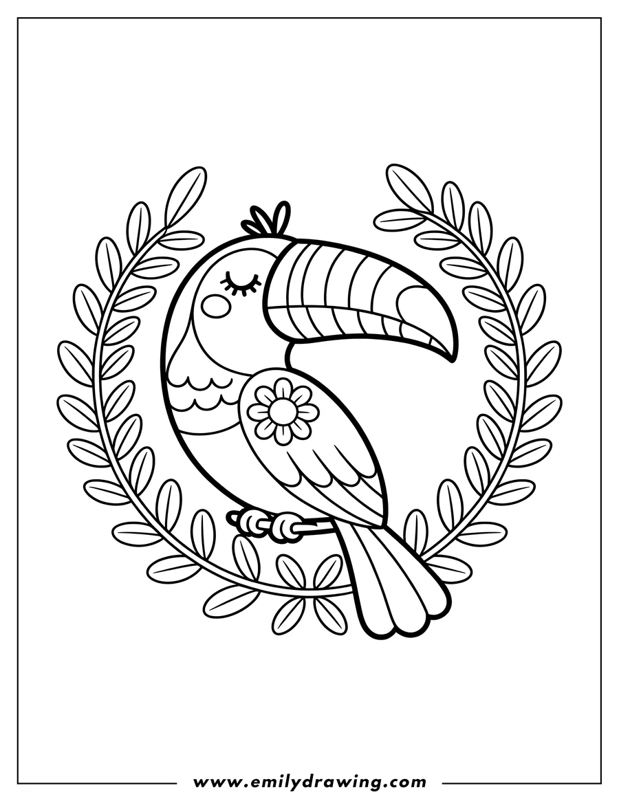 Outline of a toucan perched on a branch with a decorative flower pattern on its wing, framed by a circular leafy branch design.