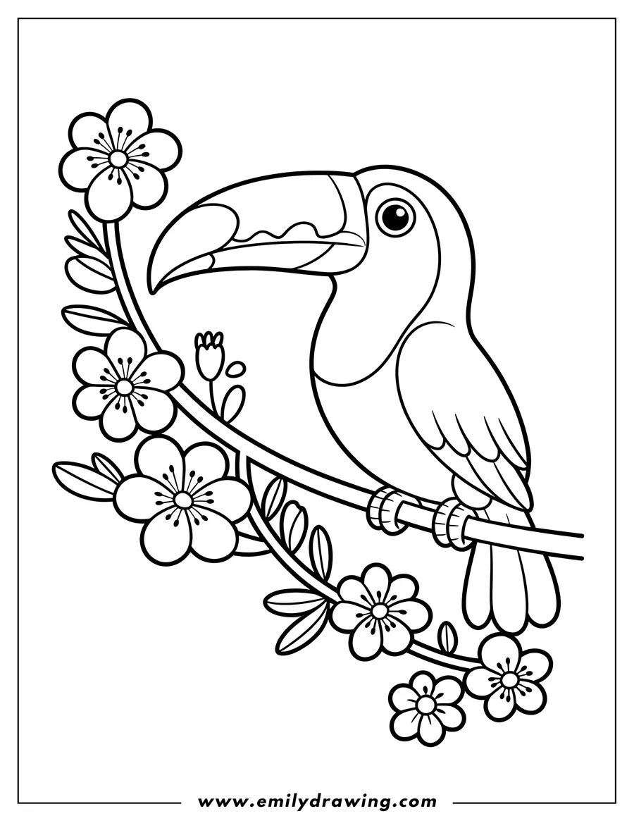 Outline of a toucan perched on a flowering branch.