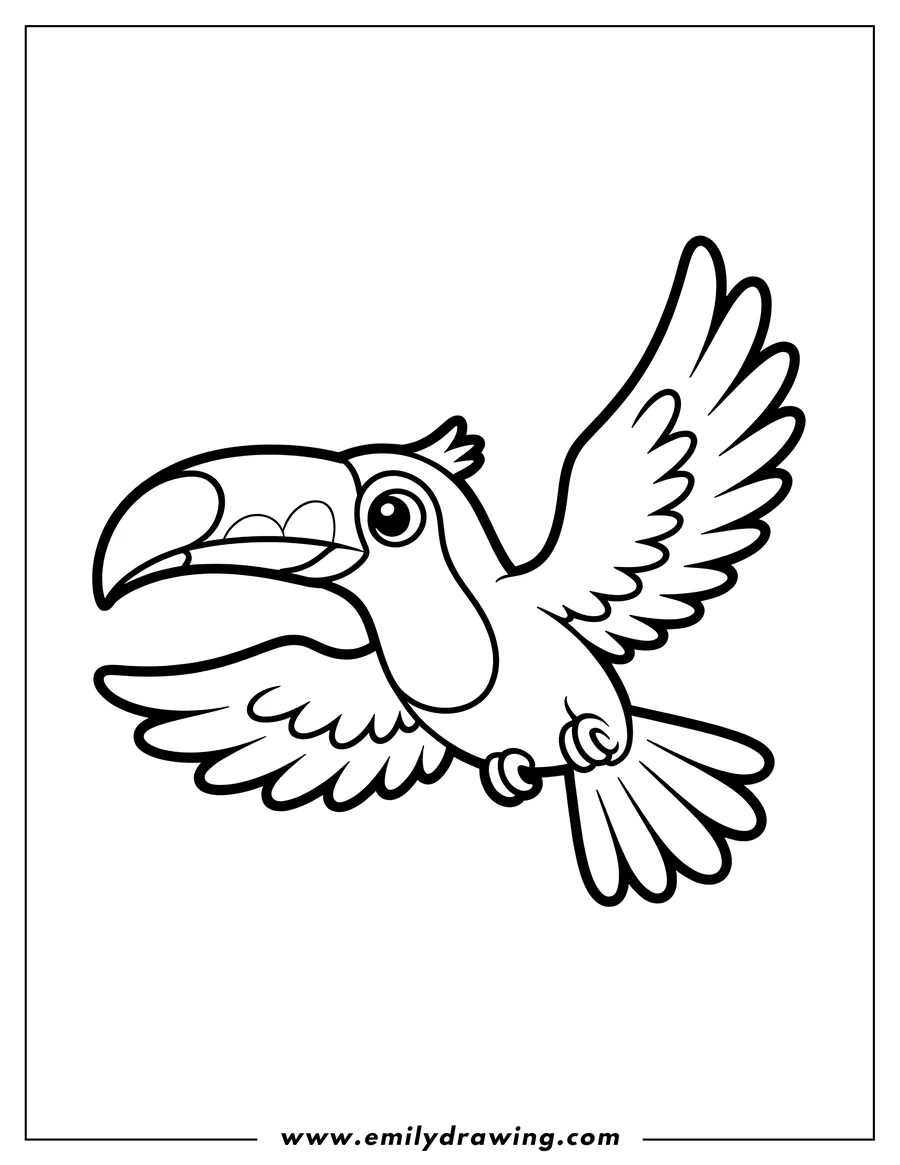 Line art of a toucan with large beak and spread wings mid-flight.