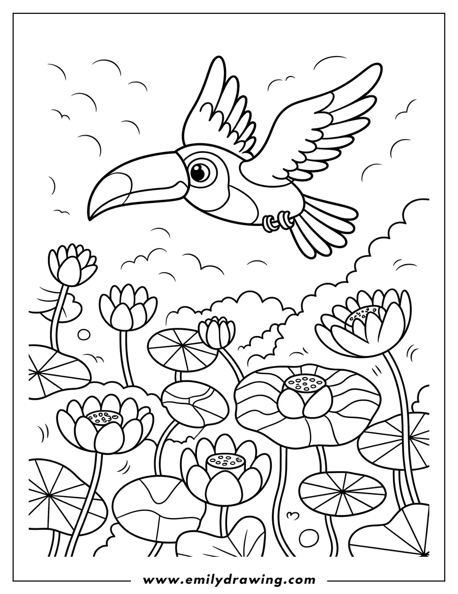 Line art of a toucan flying over water lilies. The toucan is in the air with its wings spread. Below are water lily pads and flowers.