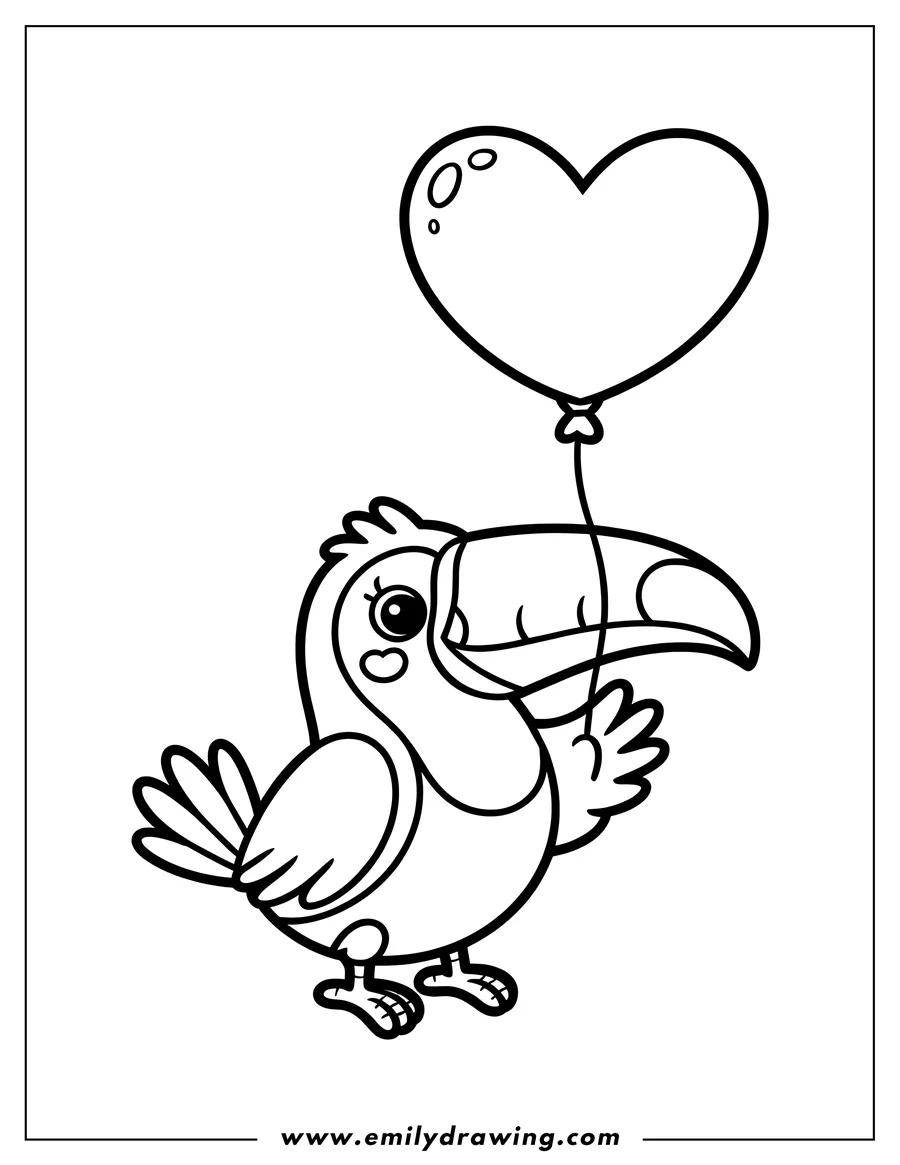 Line art of a toucan holding a heart-shaped balloon. It looks happy and ready to fly away.