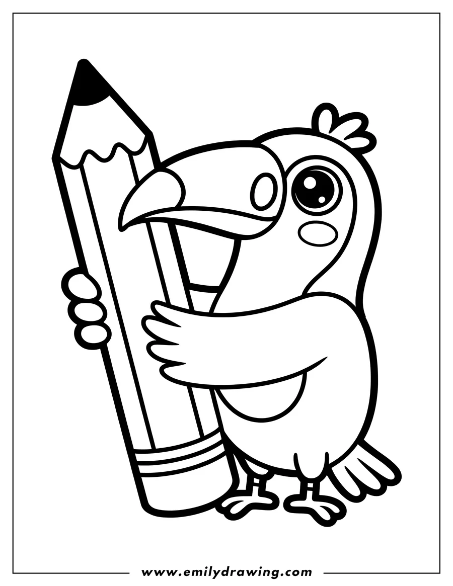 Line art of a toucan holding a large pencil, ready to color.