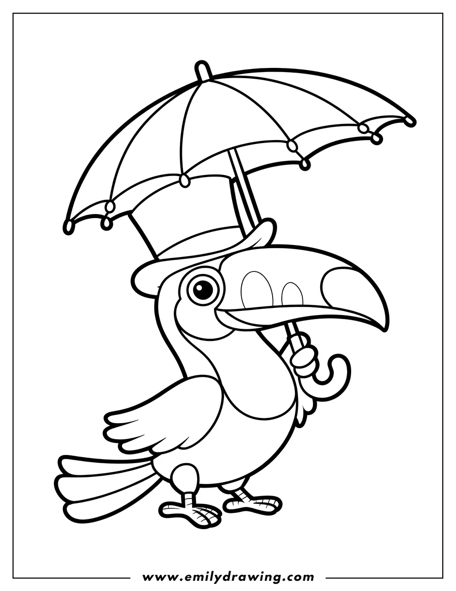 Line art of a toucan holding an umbrella and wearing a small hat.