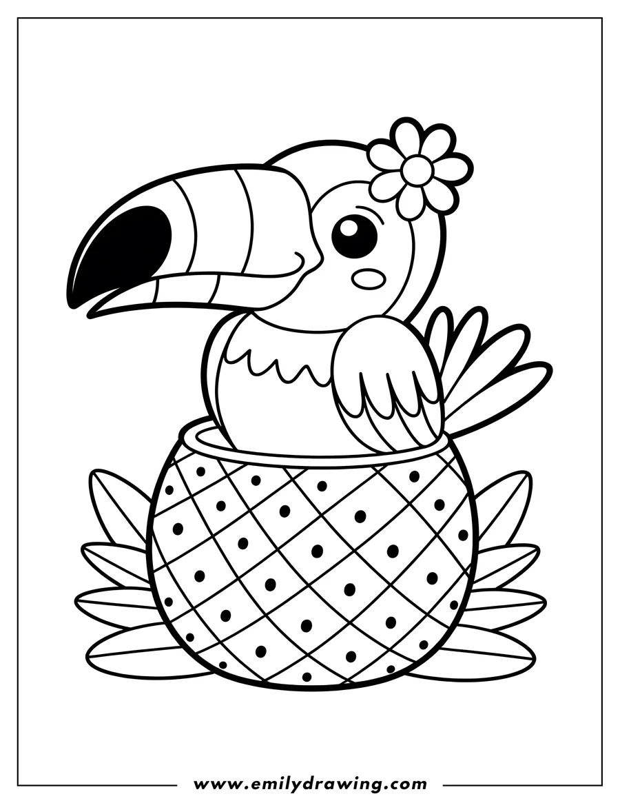 Line art of a toucan sitting in a pineapple. The toucan has a flower behind its ear.