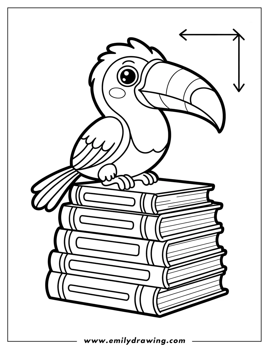 Line art of a toucan perched on a stack of books.
