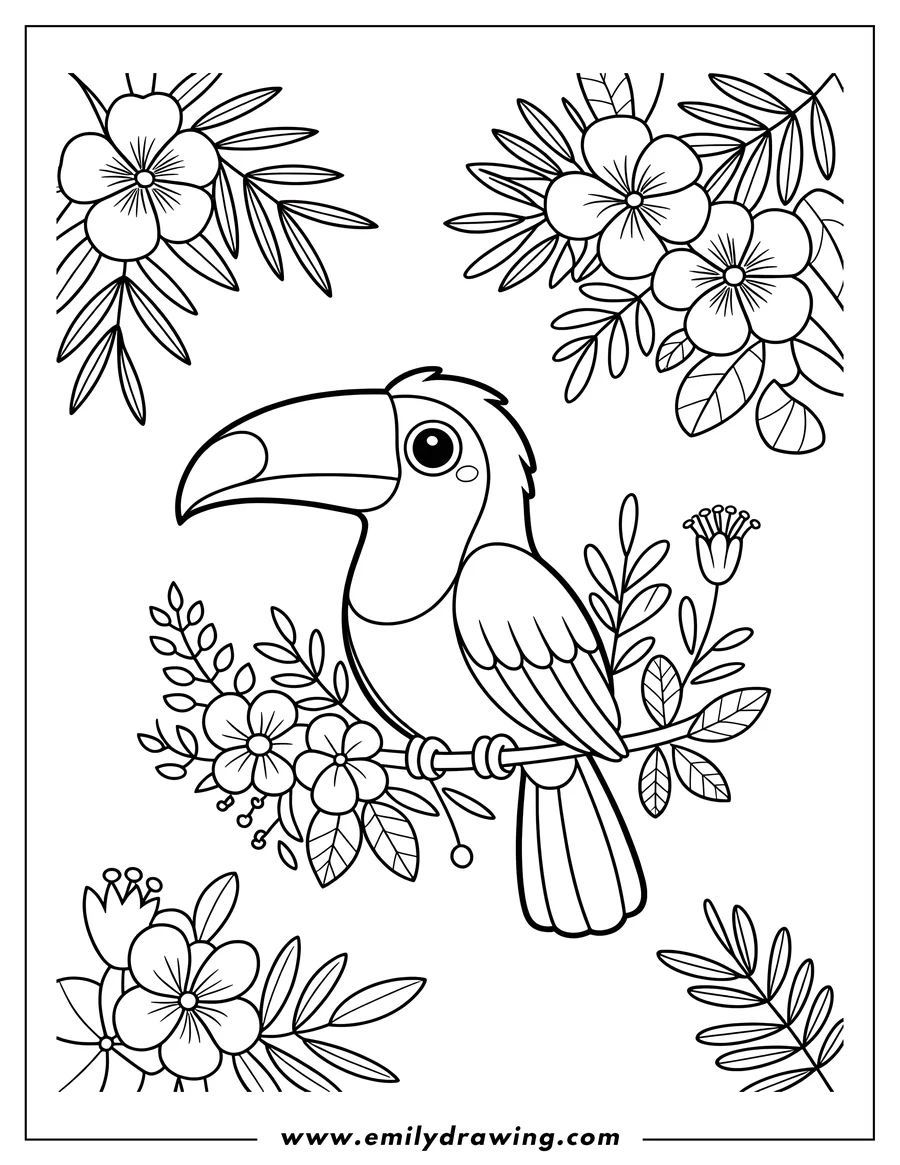 Line art of a toucan perched on a branch surrounded by flowers and leaves.