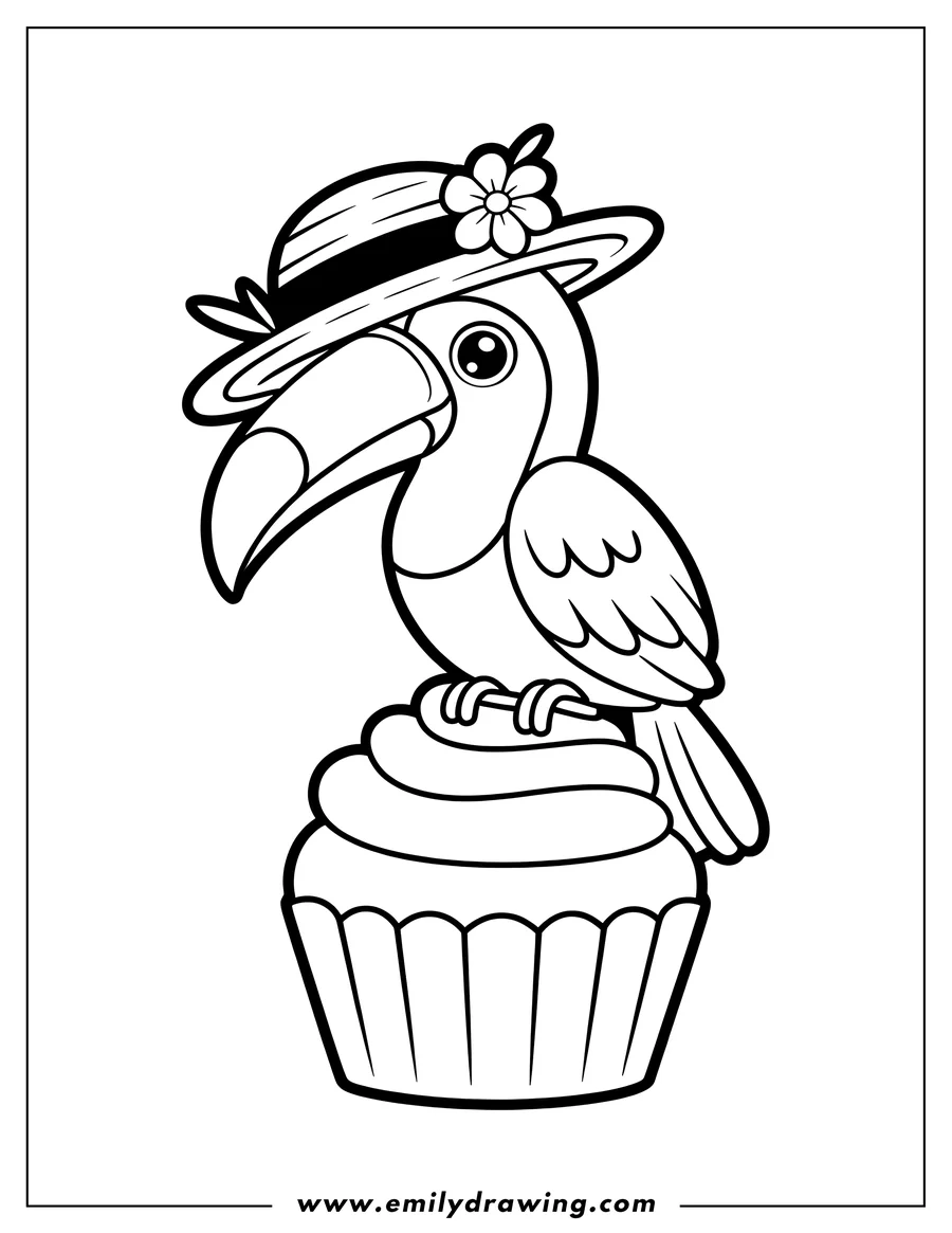 Line art of a toucan wearing a hat with a flower perched on a cupcake.
