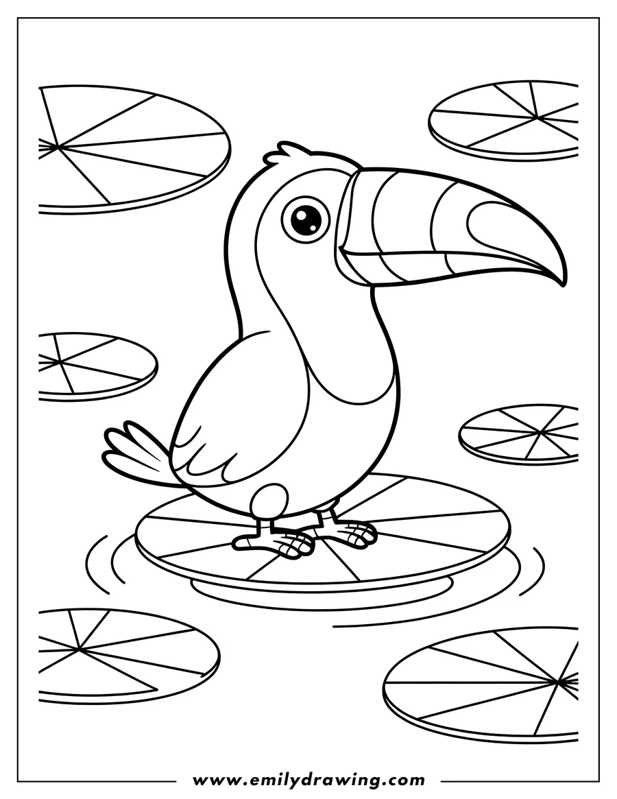 Line art of a toucan standing on a lily pad. Other lily pads surround the toucan.