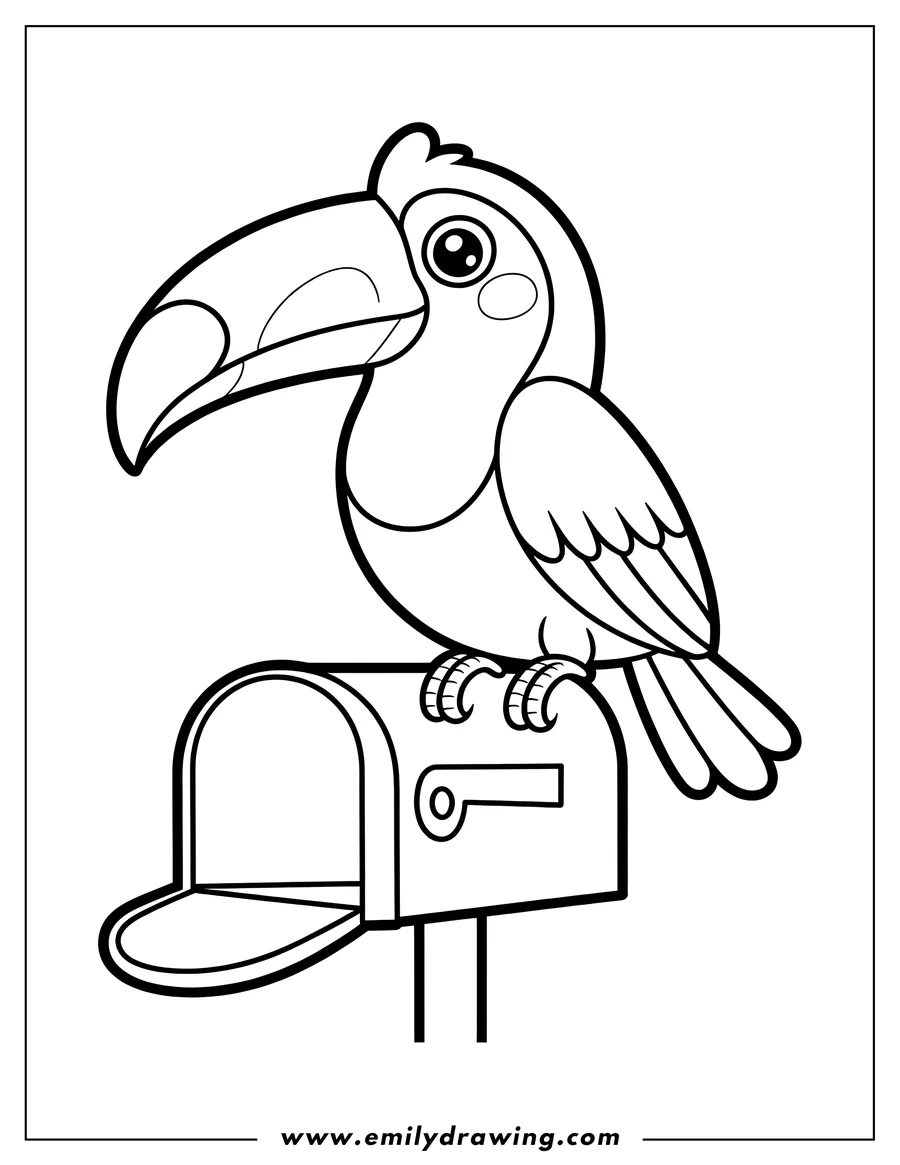 Outline of a toucan perched on a mailbox. The mailbox door is open.
