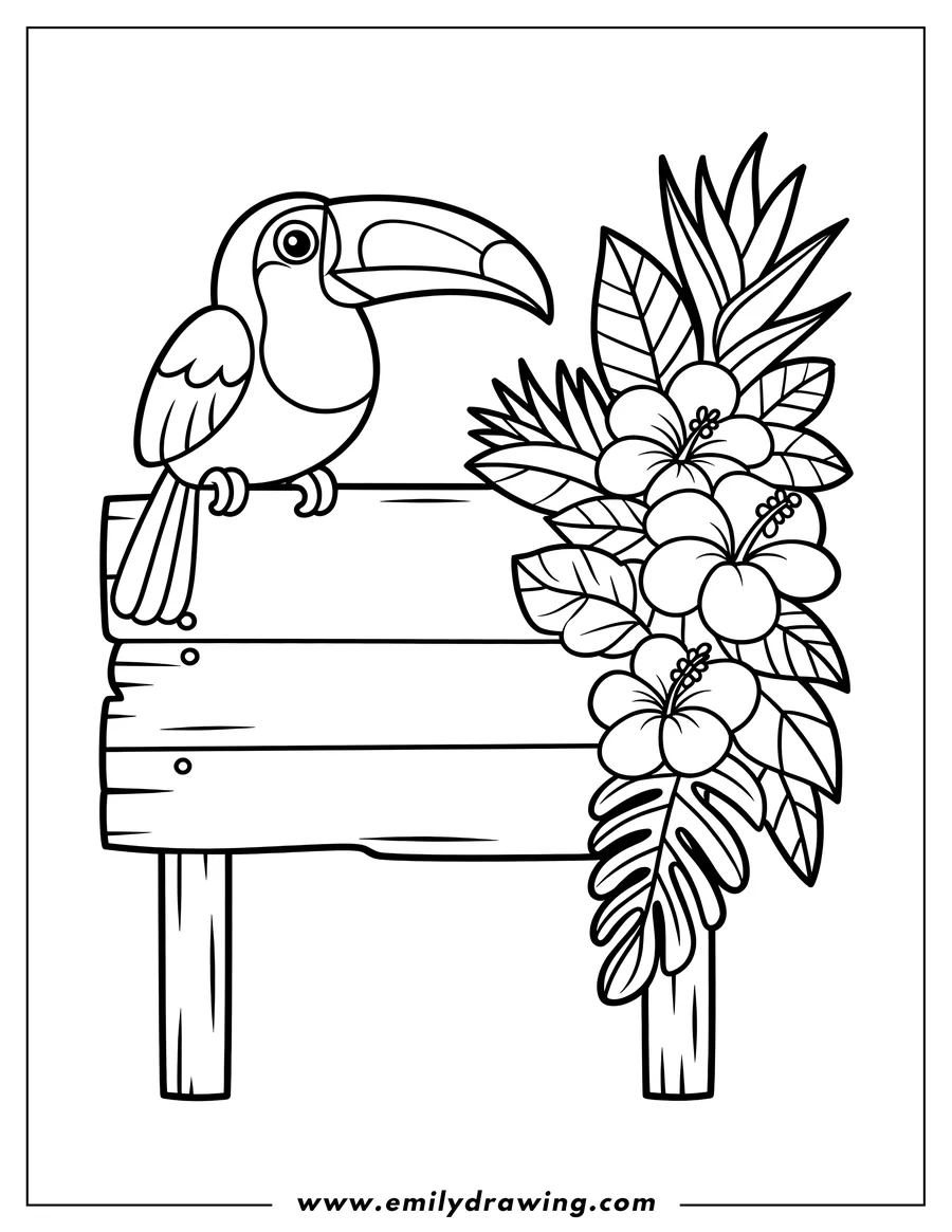 Line art of a toucan perched on a wooden sign decorated with hibiscus flowers and tropical leaves.