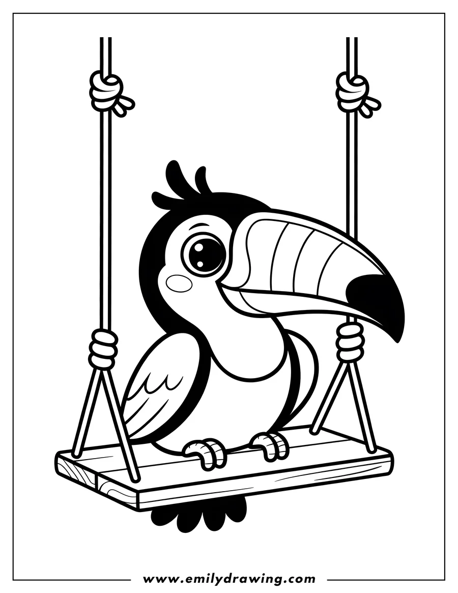 Line art of a toucan sitting on a swing.