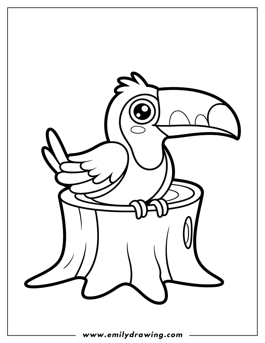 Outline of a toucan perched on a tree stump.