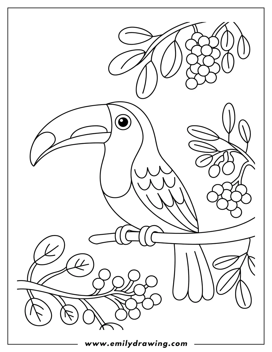 Line art of a toucan perched on a branch, surrounded by leaves and berries.