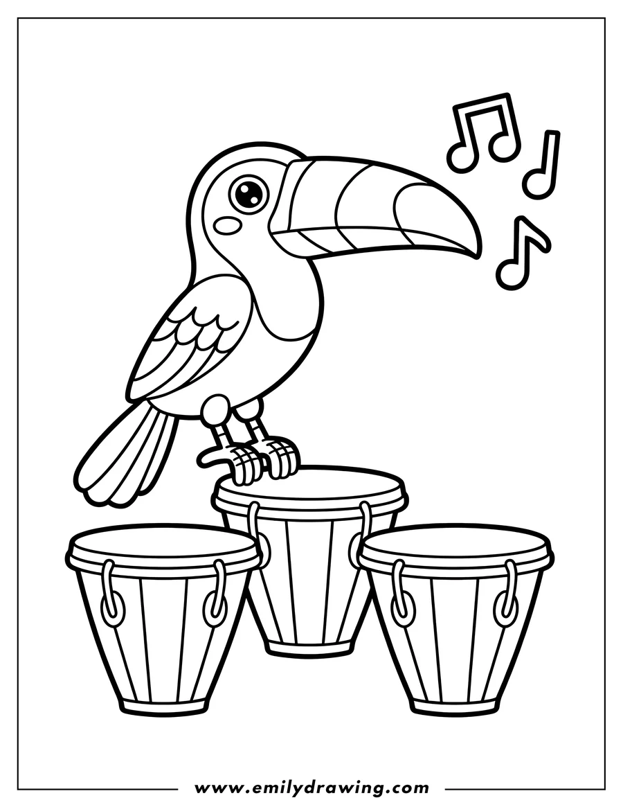 Line art of a toucan playing bongo drums with musical notes floating around.