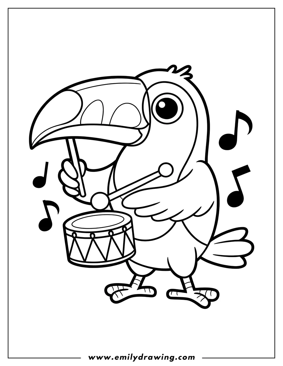 Line art of a toucan playing the drums. Musical notes float around it.