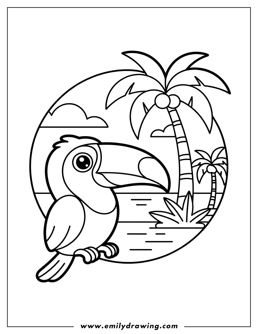 Outline of a toucan on a tropical beach with palm trees and coconuts.