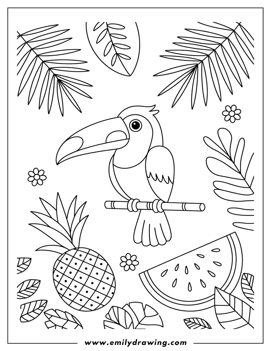 Line art of a toucan perched on a branch surrounded by pineapple, watermelon, and tropical leaves.