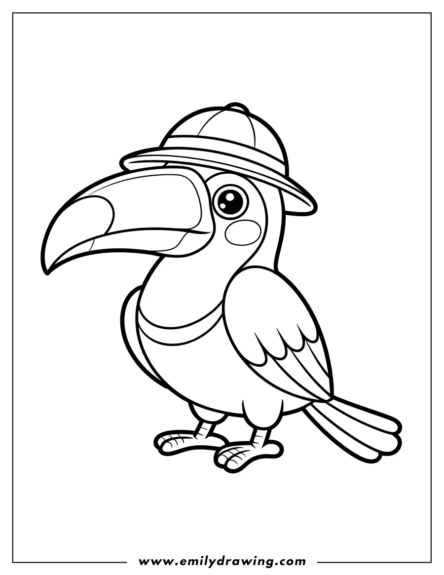 Line art of a toucan wearing a pith helmet. It has a large beak and is looking slightly to the left.