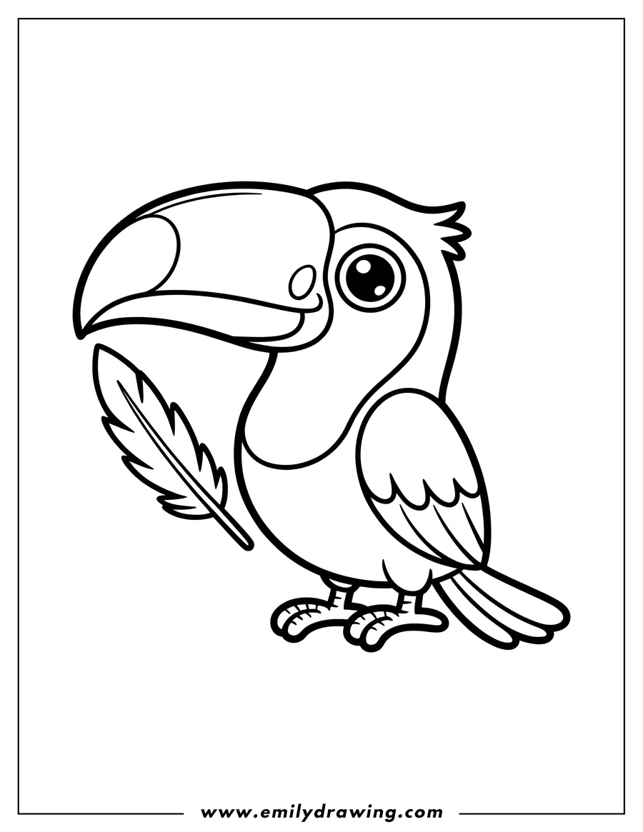 Line art of a toucan holding a feather. It has large eyes and a prominent beak.