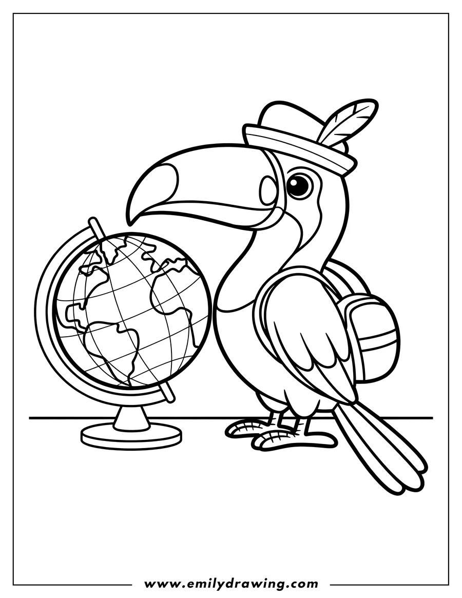 Line art of a toucan wearing a feathered hat and backpack, standing next to a globe.